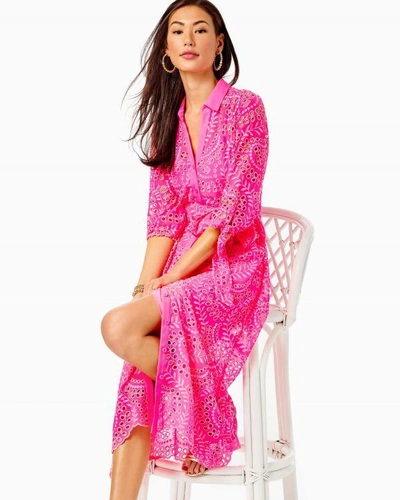 Pre-owned Lilly Pulitzer $348  Amrita Midi Dress Pink Isle Swirly Scalloped Eyelet 2 4