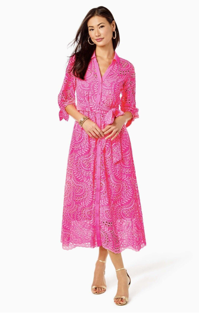 Pre-owned Lilly Pulitzer $348  Amrita Midi Dress Pink Isle Swirly Scalloped Eyelet 2 4