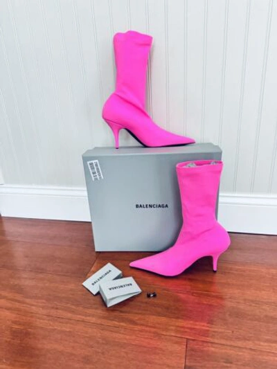Pre-owned Balenciaga $1490  Knife Pointed Toe Sock Ankle Boots Fluo Pink Eu 37.5 Us 7.5