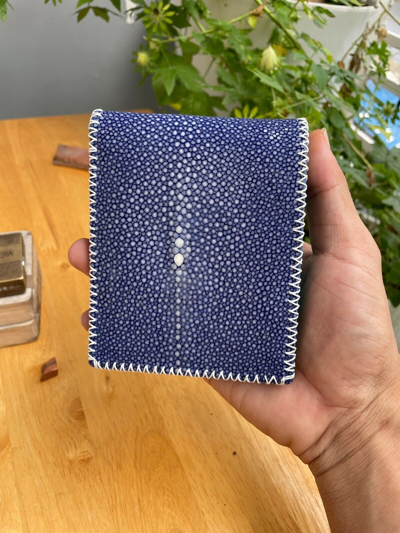Pre-owned Leather Genuine Stingray  Skin Bifold Wallet For Men,handmade  Wallet Men In Blue