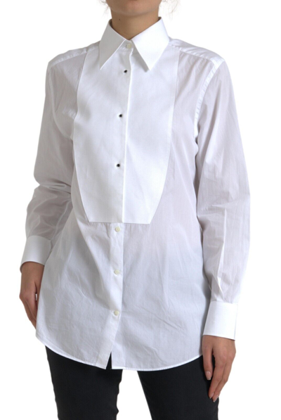 Pre-owned Dolce & Gabbana Top White Cotton Collared Long Sleeves Shirt It42/us8/m 970usd