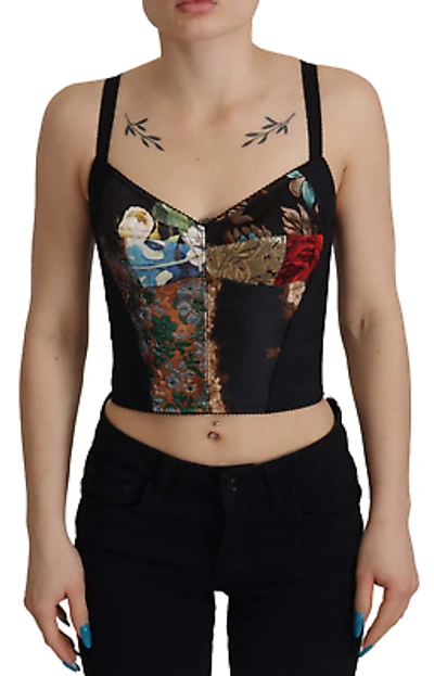 DOLCE & GABBANA Pre-owned Black Patchwork Sicily Blouse Corset Cropped Top