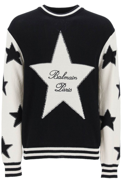 Shop Balmain Star Motif Intarsia Knit Jumper In Black