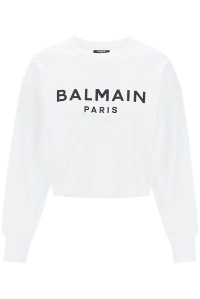 Shop Balmain Drop Shoulder Logo Printed Sweatshirt In White