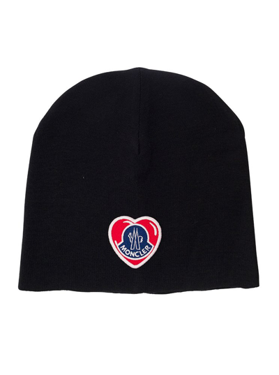 Shop Moncler Heart Shaped Logo Patch Beanie In Black