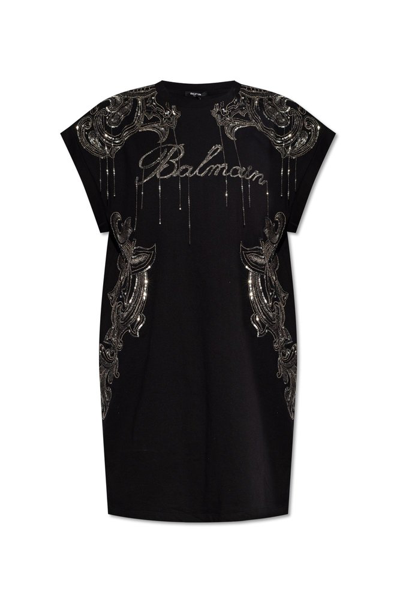 Shop Balmain Signature Chain Embroidered Mini Dress In Black