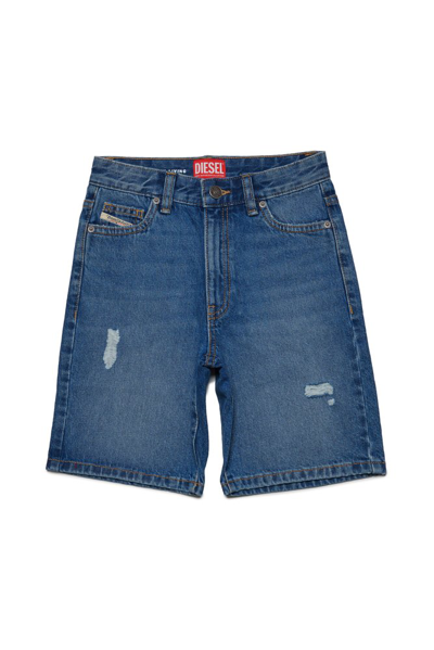 Shop Diesel Kids Ripped Straight Leg Denim Shorts In Blue