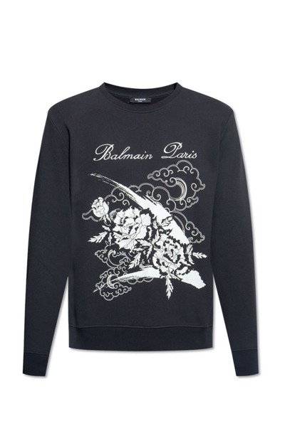 Shop Balmain Graphic Printed Crewneck Sweatshirt In Black