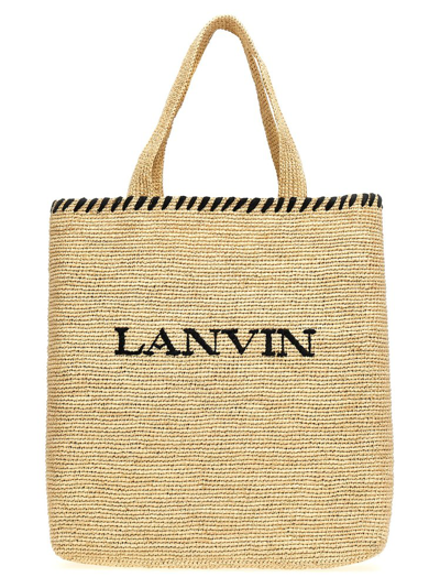 Shop Lanvin Logo Embroidered Top Handle Bag In Beige