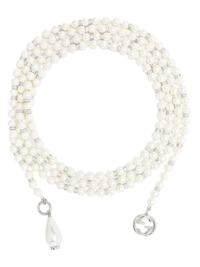 Shop Gucci White Interlocking G Beaded Necklace In Silver