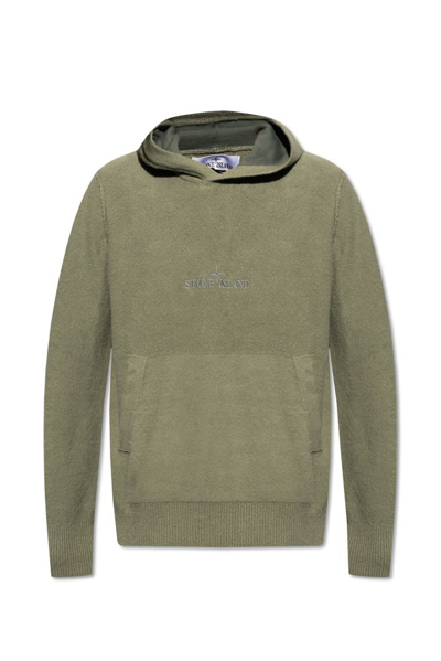 Shop Stone Island Logo Embroidered Knitted Hoodie In Green