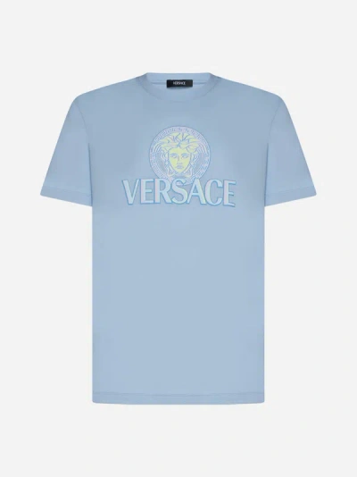 Shop Versace Medusa And Logo Cotton T-shirt In Light Blue