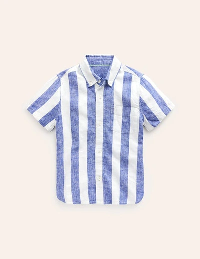 Shop Mini Boden Cotton Linen Shirt Sapphire Blue / Ivory Stripe Boys Boden