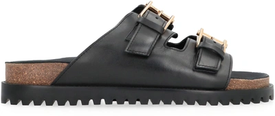 Versace Leather Sandals With Double Buckle Design In Black