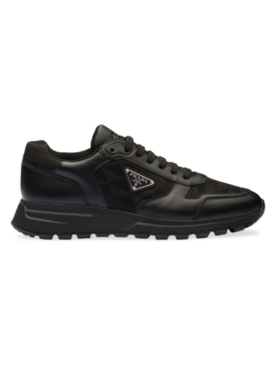 Shop Prada Men's Leather And Re-nylon High-top Sneakers In Black