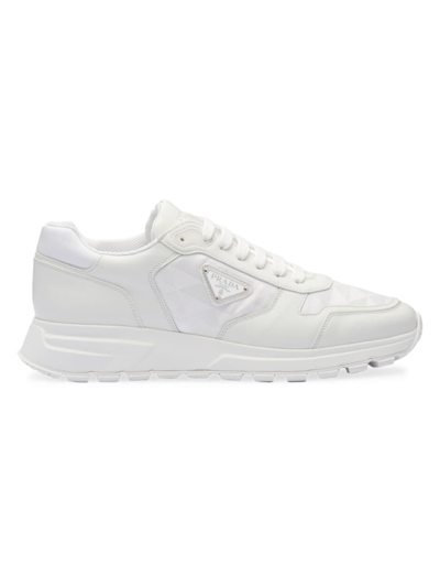 Shop Prada Men's Leather And Re-nylon High-top Sneakers In White