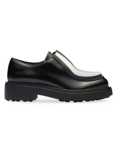 Shop Prada Women's Brushed Leather Lace-up Shoes In Black White