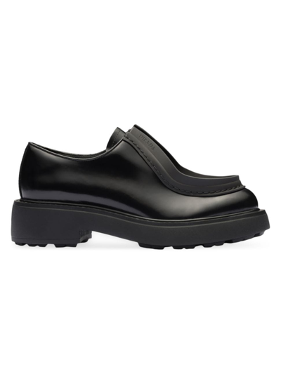 Shop Prada Women's Brushed Leather Lace-up Shoes In Black