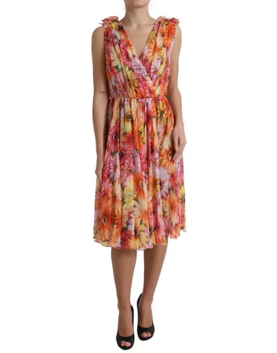 Shop Dolce & Gabbana Elegant Floral Silk Midi Dress With Women's V-neck In Multicolor