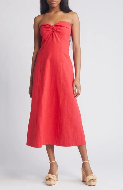 Shop Lost + Wander Elia Strapless Linen & Cotton Midi Dress In Red