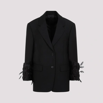 Shop Prada Single-breasted Wool Jacket With Feather Trim In F Nero
