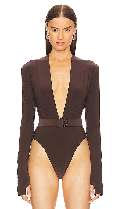 Shop Norma Kamali X Revolve Deep V Neck Bodysuit In Chocolate