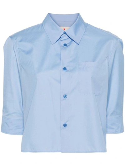 Shop Marni Cropped Cotton Shirt In Iris Blue