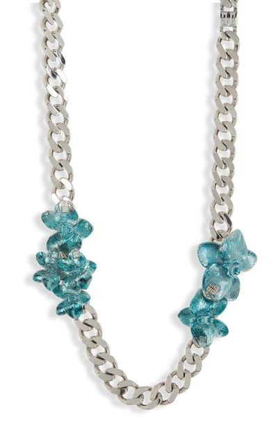 Shop Givenchy Orchid Flower Curb Chain Necklace In Mineral Blue