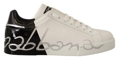 Shop Dolce & Gabbana White Black Leather Logo Print Mens Sneakers Shoes