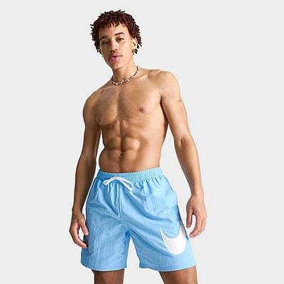 Shop Nike Men's Swim Large Swoosh Graphic 7" Volley Swim Shorts In Aquarius Blue