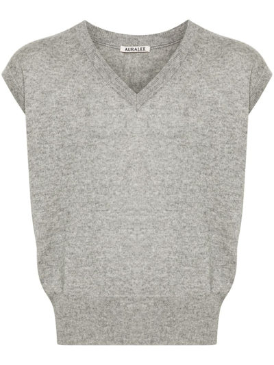 Shop Auralee Grey Knitted Cashmere-silk Top