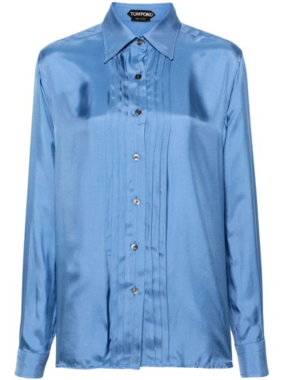 Shop Tom Ford Blue Pleated Satin Shirt