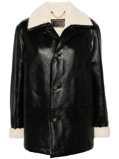 Shop Gucci Black Shearling-trim Leather Coat