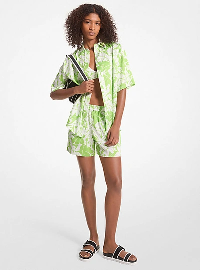 Shop Michael Kors Palm Print Satin Shorts In Green