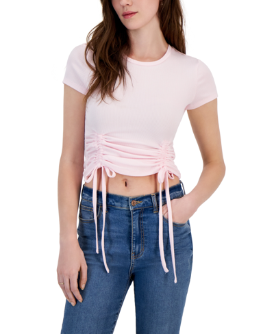 Shop Just Polly Juniors' Ribbed Side-ruched Top In Agave Pink