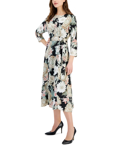 Shop Anne Klein Women's Floral-print Dolman-sleeve Dress In Black,crema Multi