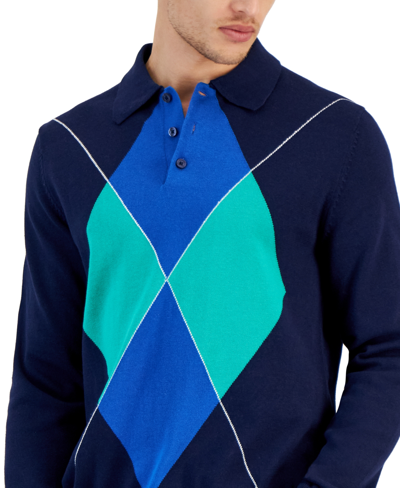 Shop Club Room Men's Argyle Long Sleeve Rugby Sweater, Created For Macy's In Navy Blue