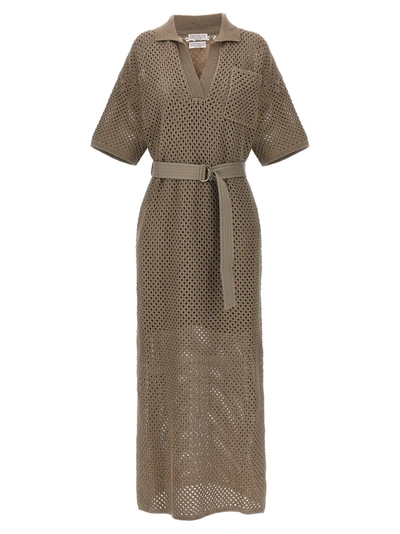 Shop Brunello Cucinelli Knitted Midi Dress Dresses Beige