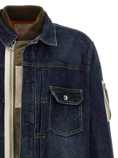 Shop Sacai Nylon Insert Denim Jacket Casual Jackets, Parka Blue