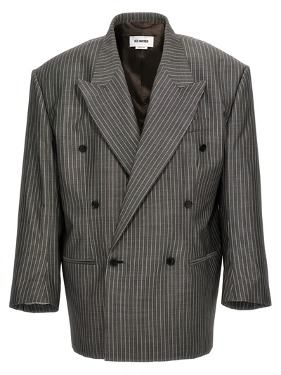 Shop Hed Mayner Pinstriped Double-breasted Blazer Gray