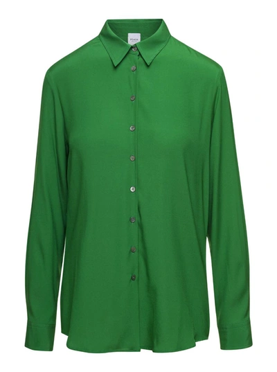 Shop Plain Green Relaxed Shirt With Mother-of-pearl Buttons In Satin Woman