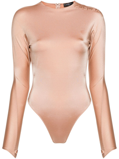 Shop Mugler Logo Bodysuit Woman Tan In Polyamide