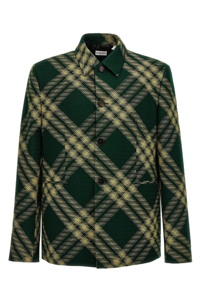 Shop Burberry Men Check Wool Tailored Blazer In Green