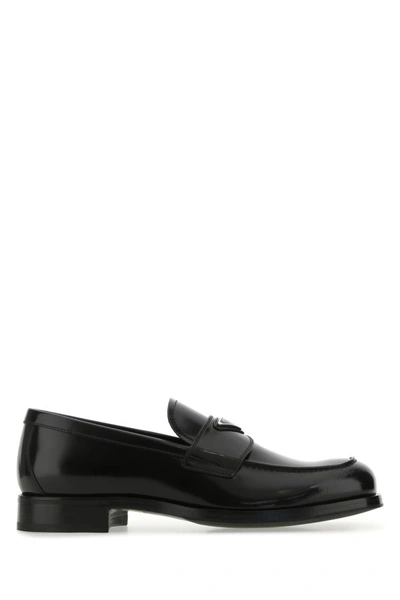 Shop Prada Man Black Leather Loafers