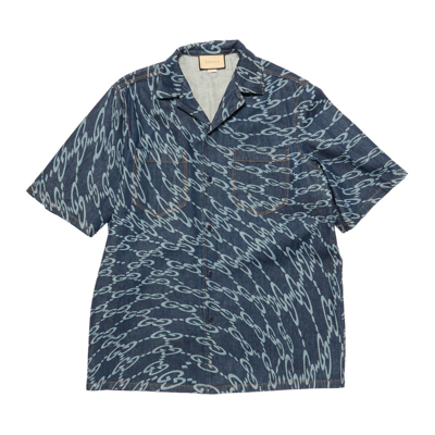 Shop Gucci Wavy Gg Laser Print Denim Shirt In Blue