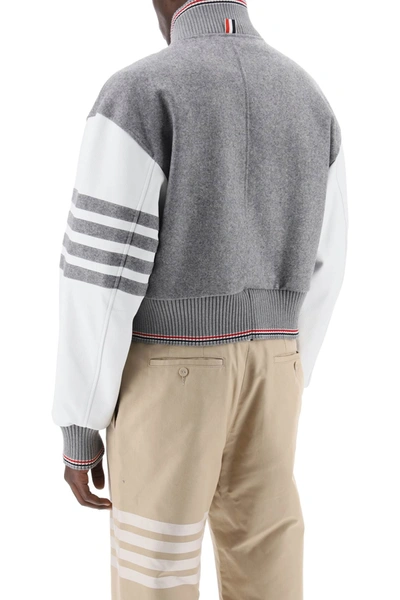 Shop Thom Browne Wool Bomber Jacket With Leather Sleeves And Men In Gray