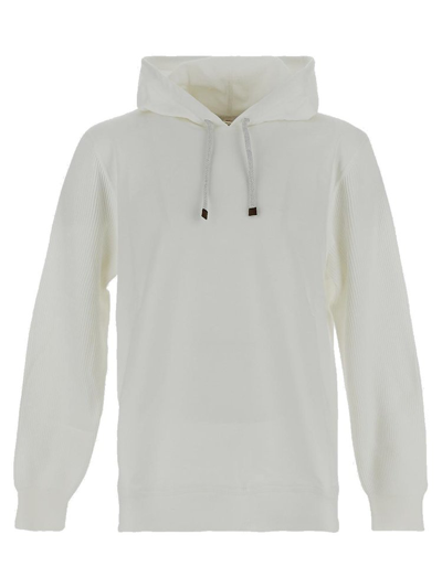 Shop Brunello Cucinelli Ribbed Sleeve Drawstring Hoodie In White
