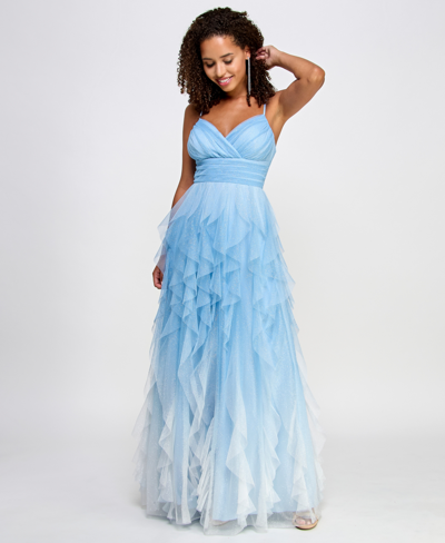 Shop Pear Culture Juniors' Ombre Glitter Ruffled Gown In Sky,snow