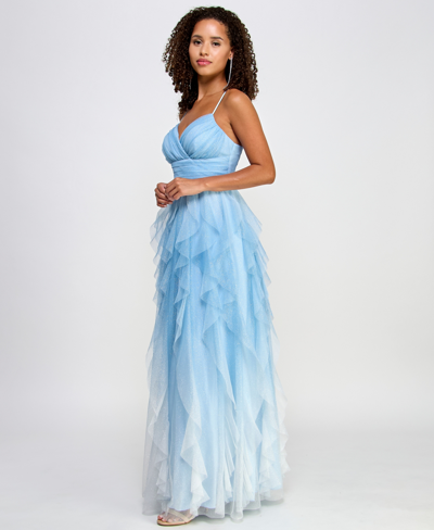 Shop Pear Culture Juniors' Ombre Glitter Ruffled Gown In Sky,snow
