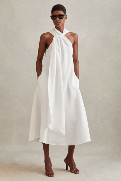 Shop Reiss Cosette - White Linen Blend Drape Midi Dress, Us 6
